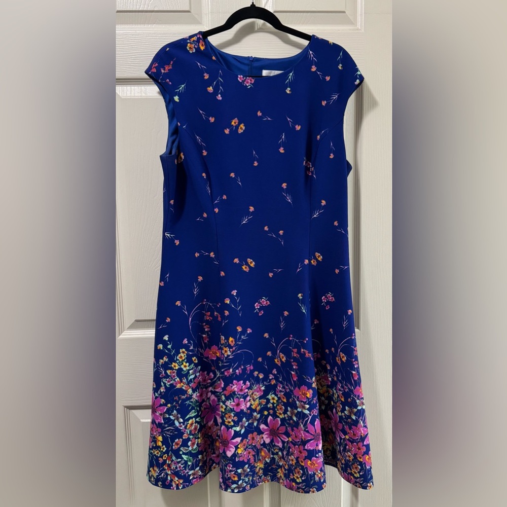 London Times Dress in Blue with Floral Accents